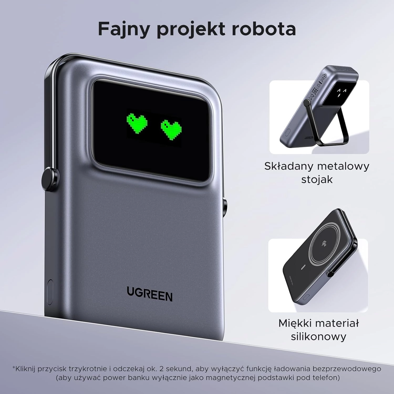 Powerbank UGREEN UNO PB572 Magnetyczny 10000mAh Qi 7,5W Fioletowy