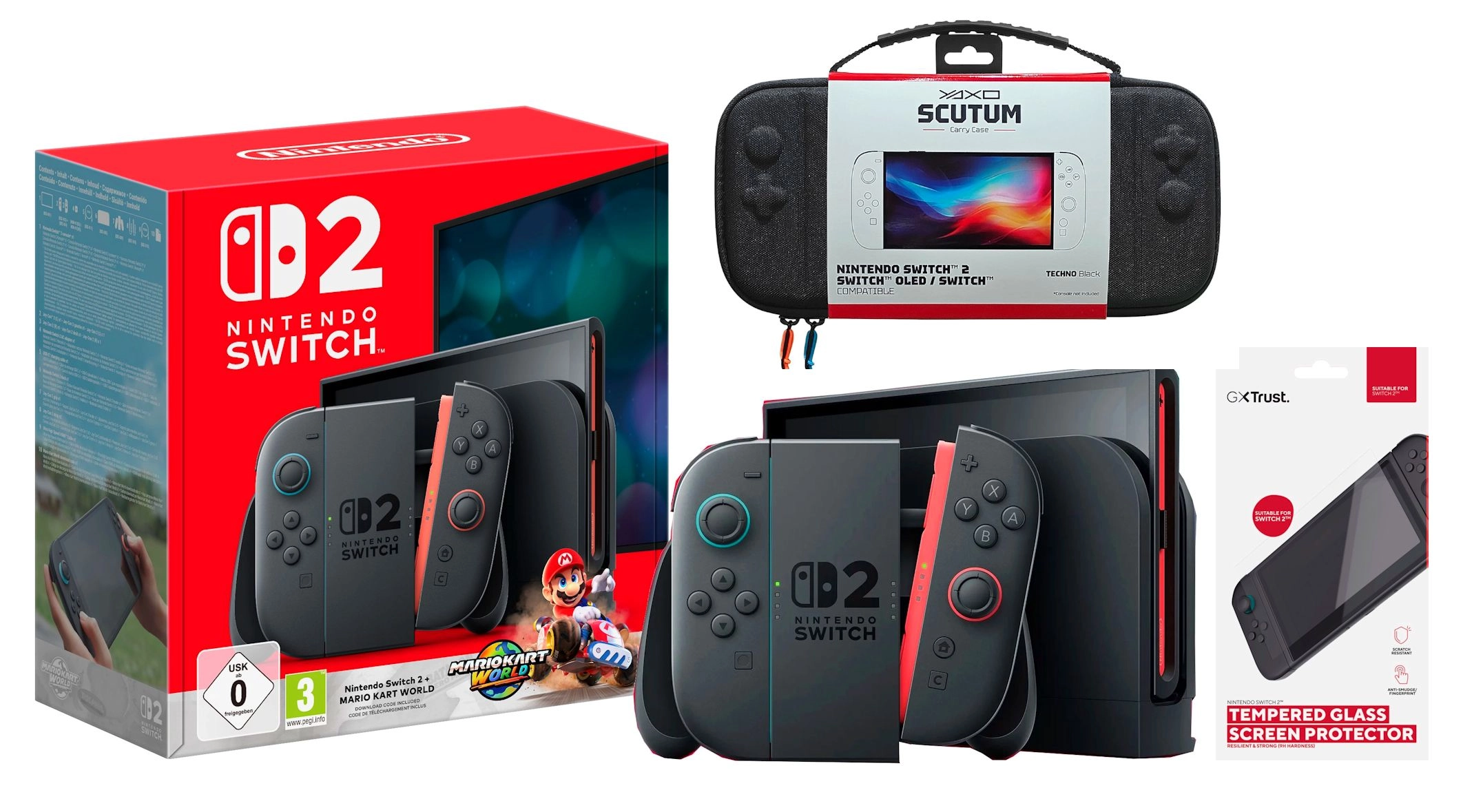 Konsola Nintendo Switch 2 Joy-Con Czarny + Mario Kart World + Etui Yaxo Scutum Techno + Szkło hartowane Trust GXT 1254