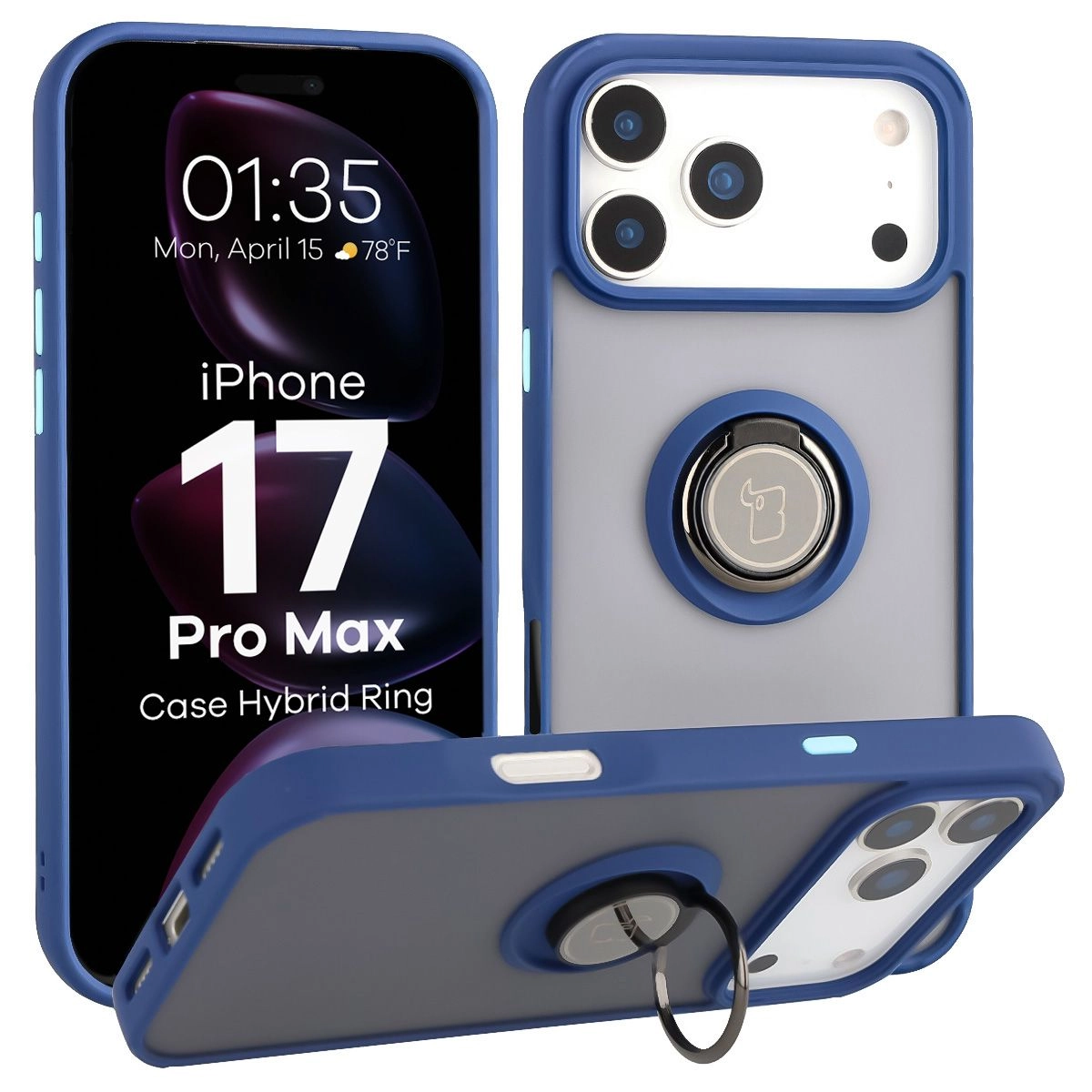 Etui Bizon z uchwytem na palec Hybrid Ring do Apple iPhone 17 Pro Max Przydymione z granatową ramką