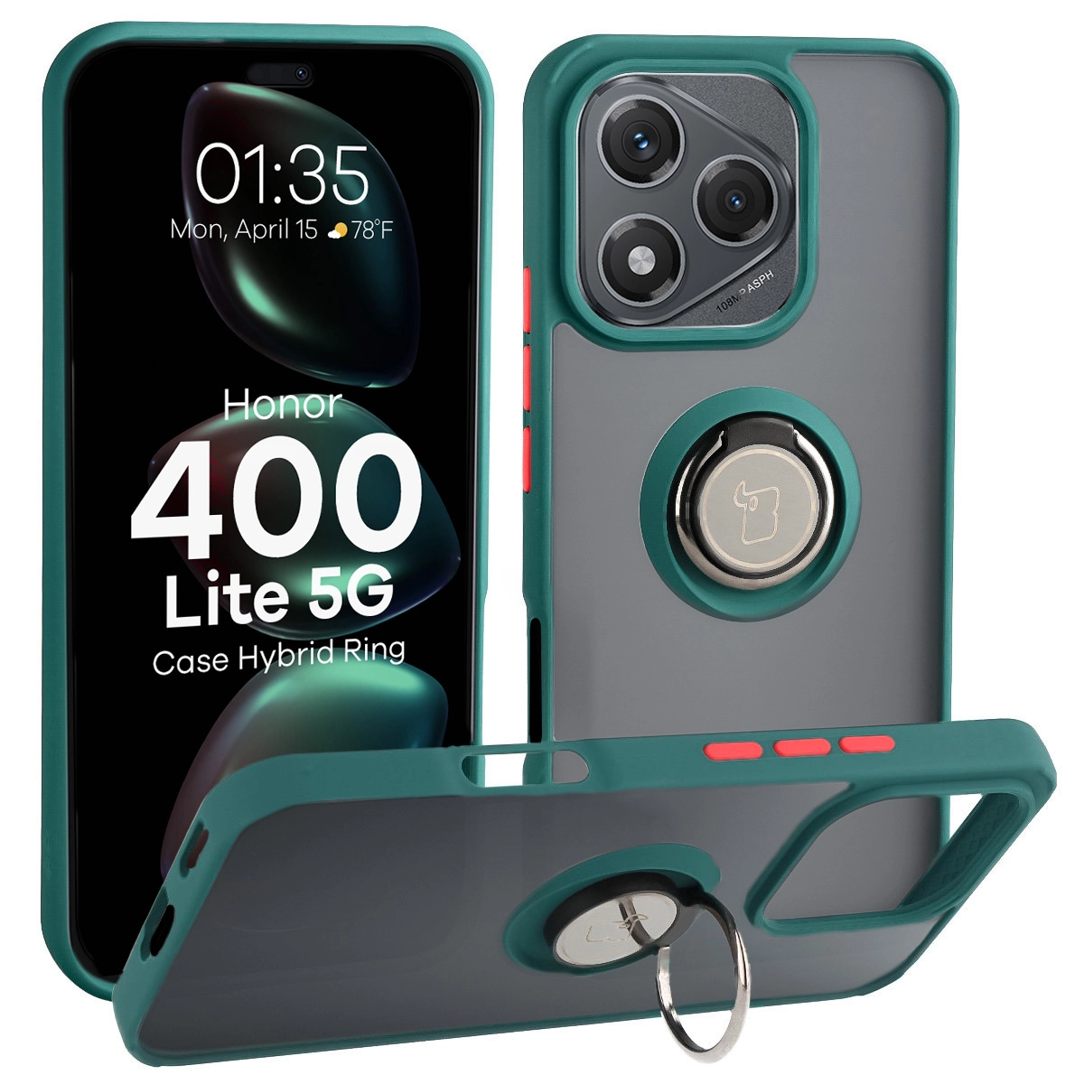 Bizon z uchwytem na palec Hybrid Ring do Honor 400 Lite 5G Przydymione z Zieloną ramką