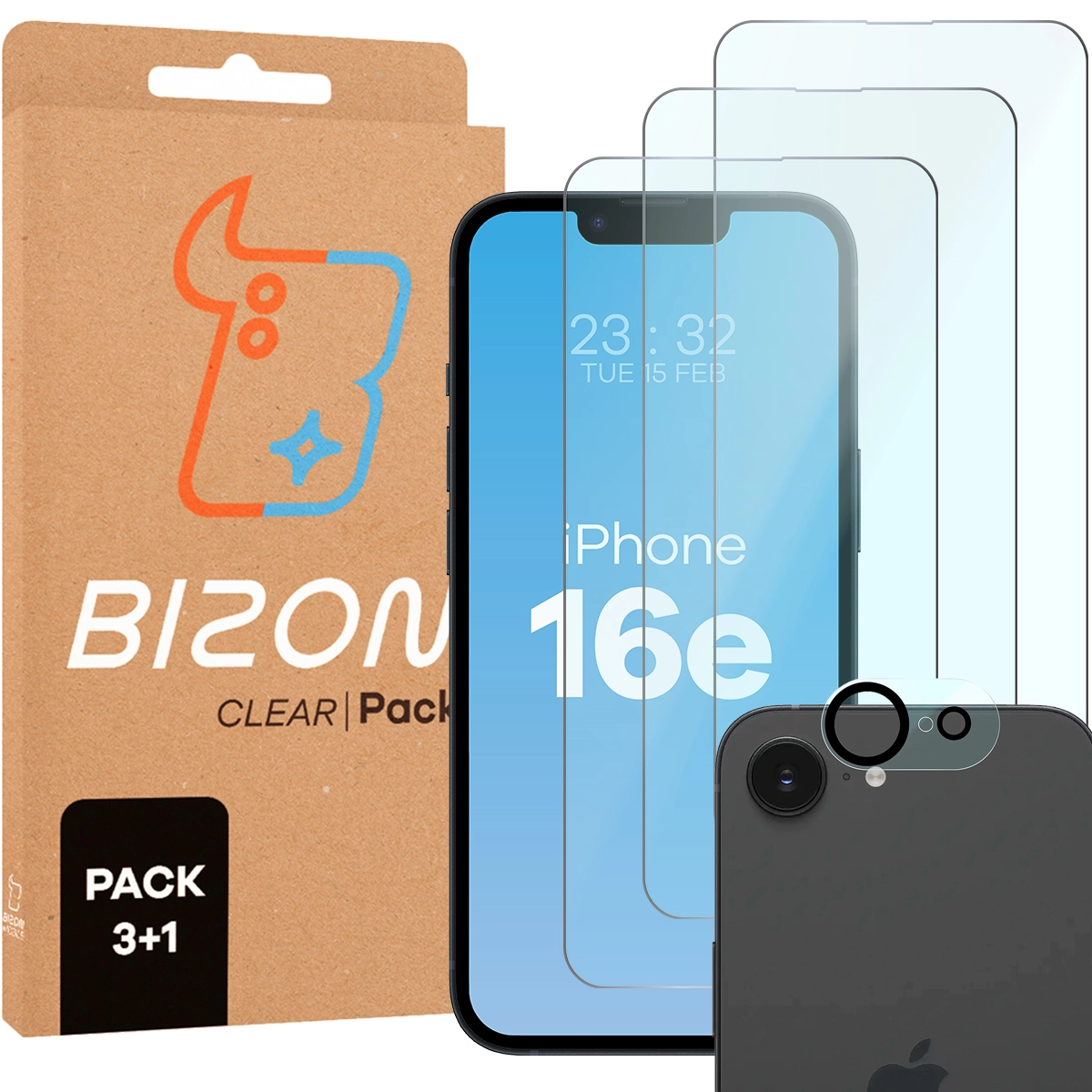 Zestaw ochronny Bizon 3x szkło + szybka na aparat Clear 2 Pack do Apple iPhone 16e