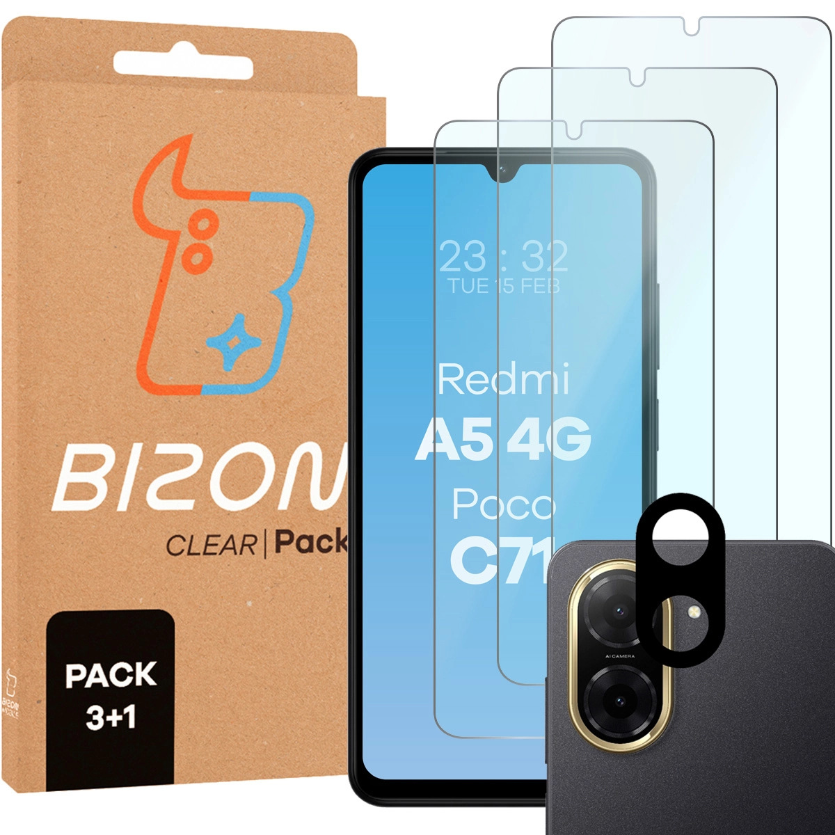 Zestaw ochronny Bizon 3x szkło + szybka na aparat Clear 2 Pack do Xiaomi Redmi A5 4G / Xiaomi POCO C71 4G