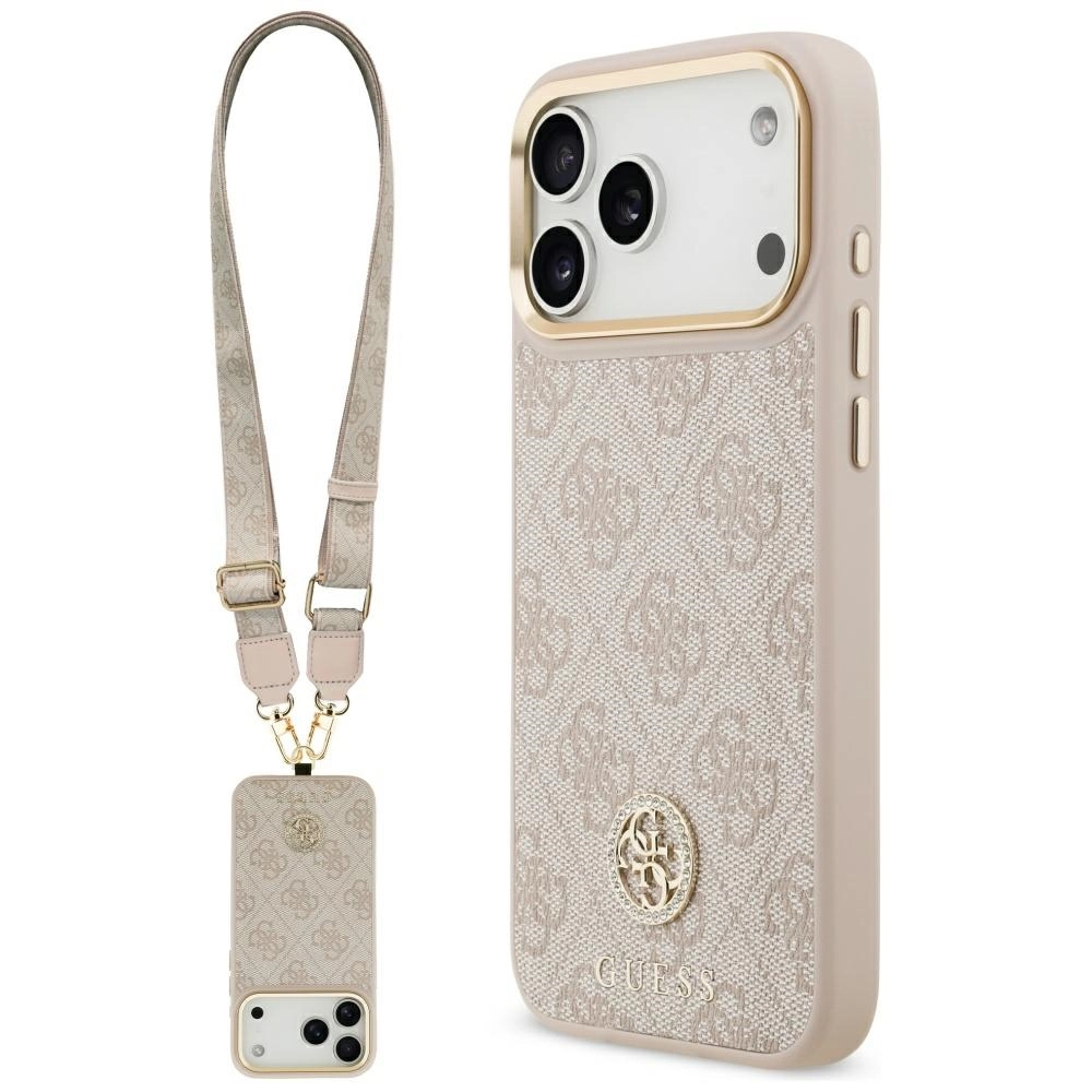 Etui Guess 4G Strass Logo & Big Strap Metal Buttons MagSafe do iPhone 17 Pro Max różowy