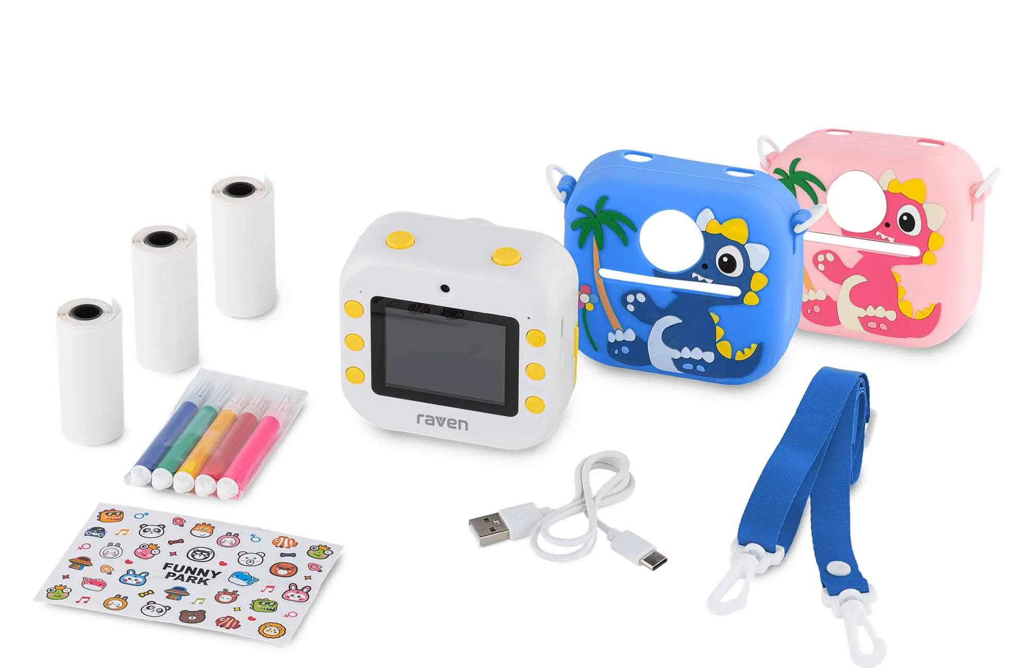 Aparat Raven EAPB001 2 nakładki smycz 3 rolki papieru termicznego flamastry naklejki 6w1 - aparat selfie drukowanie video gry