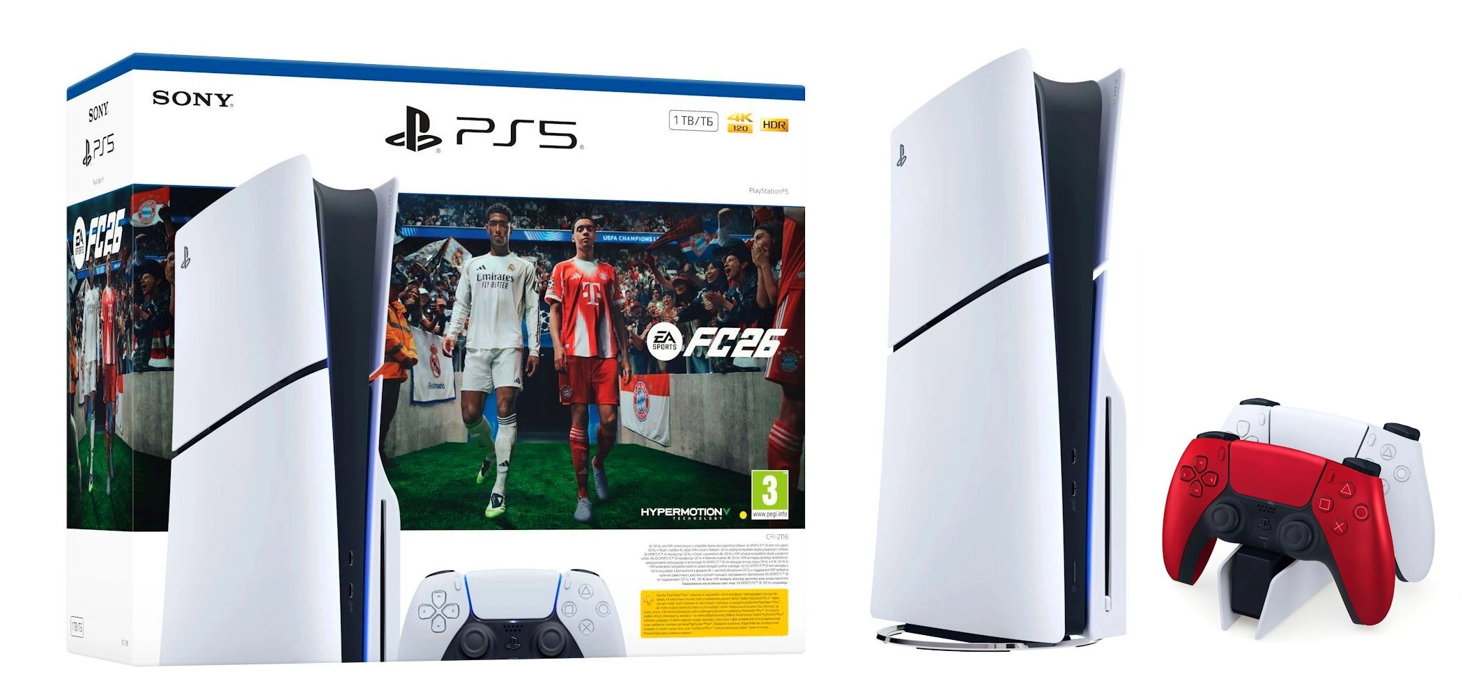 Konsola Sony PlayStation 5 Slim E Chassis (PS5) 1TB z napędem EA SPORTS FC 26+Dodatkowy Pad Wulkaniczna czerwień+Stacja Ładowani