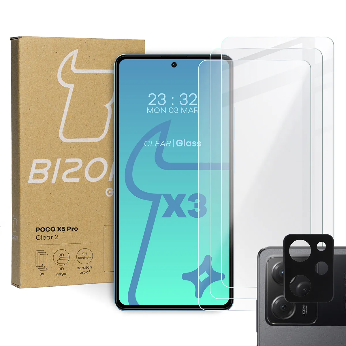 Zestaw ochronny Bizon 3x Szkło hartowane + szybka na aparat Clear 2 Pack do Xiaomi Poco X5 Pro