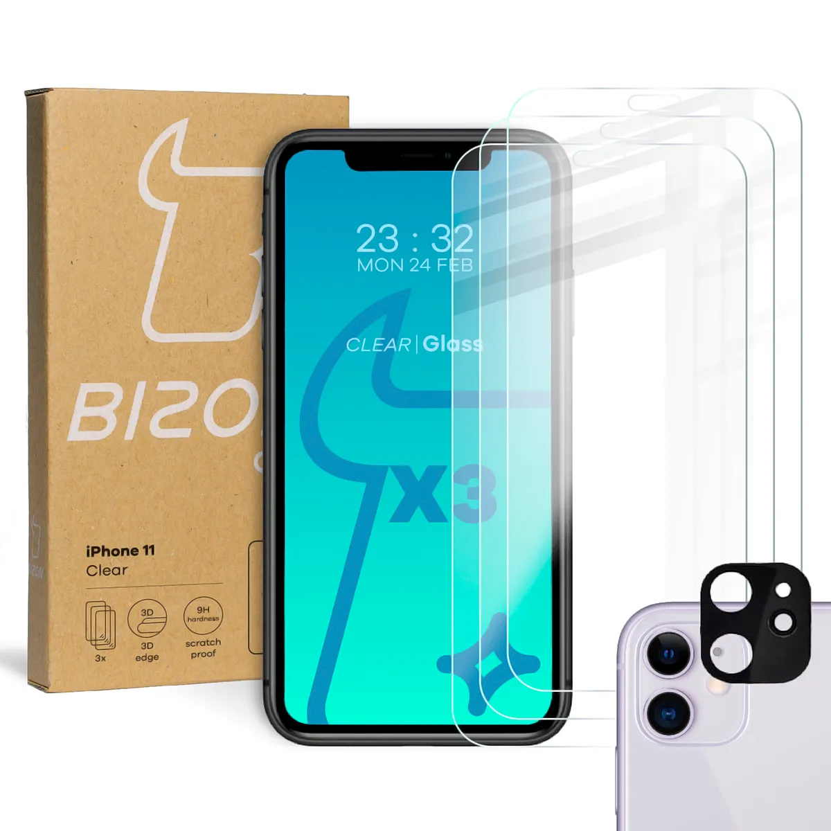 Zestaw ochronny Bizon 3x Szkło hartowane + szybka na aparat Glass Clear Pack do iPhone 11