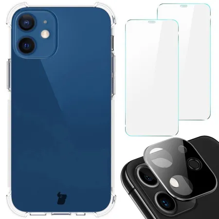 Etui Bizon elastyczne etui + 2x szkło hartowane + szkło na aparat Clear Pack do iPhone 12 Mini