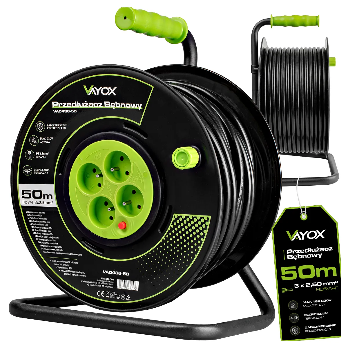 Przedłużacz bębnowy Vayox VA0436-50 4 gniazda 50m Czarny