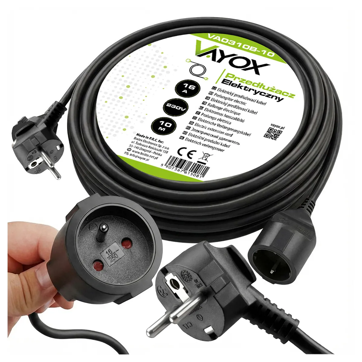 Przedłużacz Vayox VA0310B-10 1 gniazdo 10m Czarny