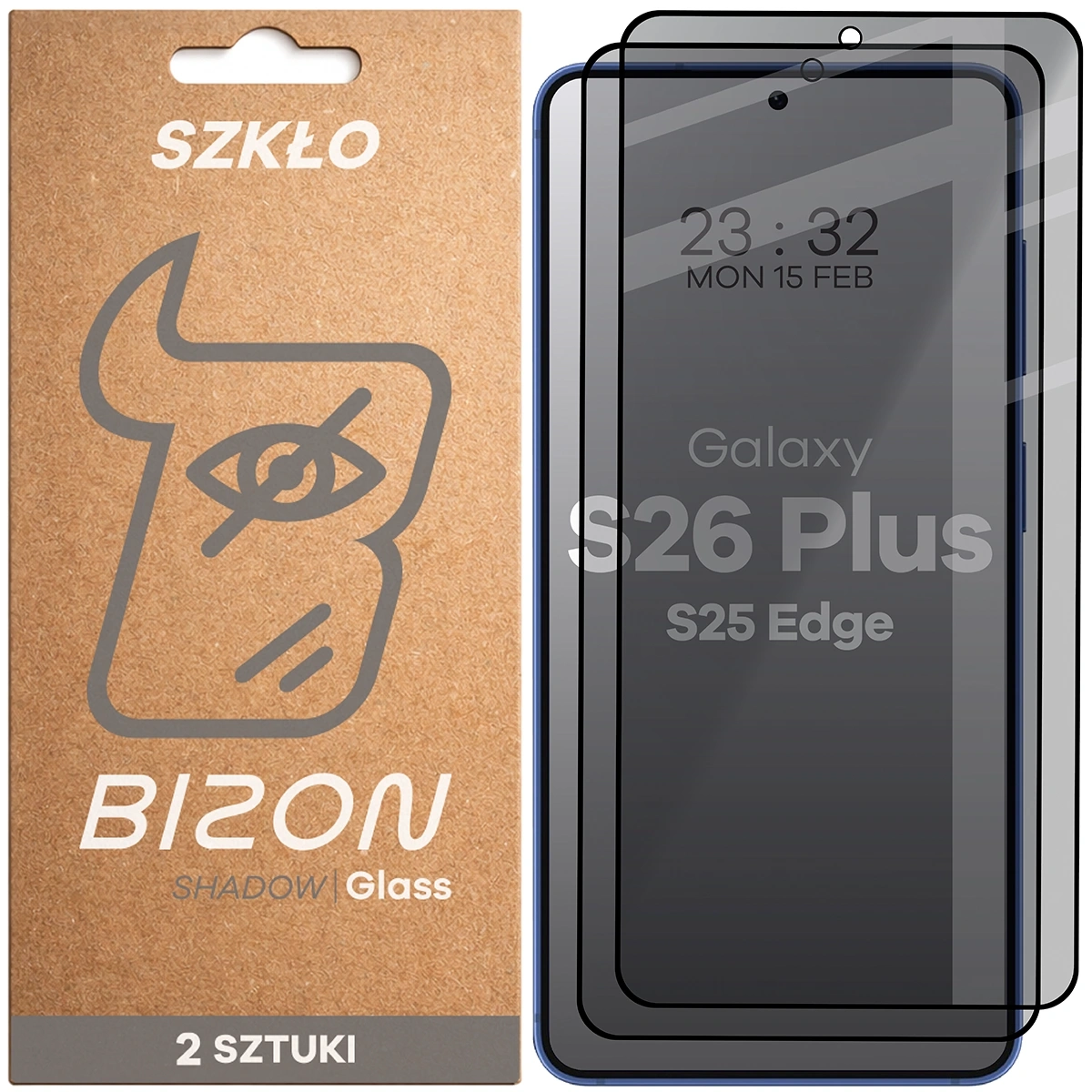 Szkło hartowane Bizon prywatyzujące z ramką Glass Edge Shadow Duo do Galaxy S26 Plus / S25 Edge 2 sztuki