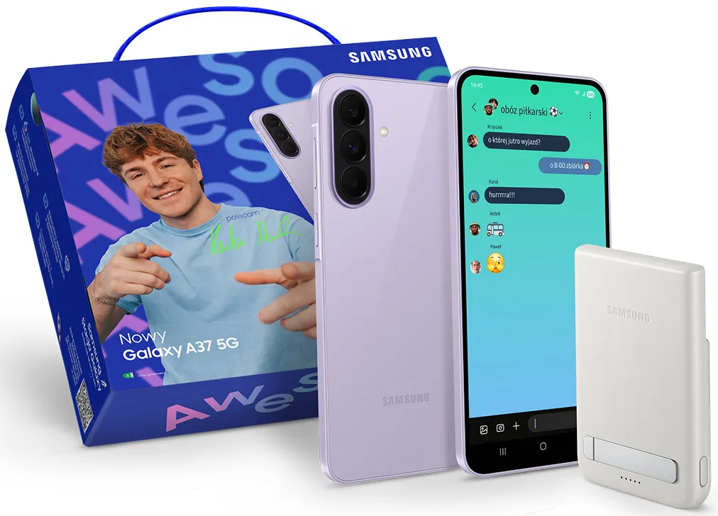 Zestaw smartfon Samsung Galaxy A37 5G 6/128GB 6,7" 120Hz 50Mpix Fioletowy + Powerbank Samsung Qi2 Magnet 5000mAh + Opakowanie prezentowe