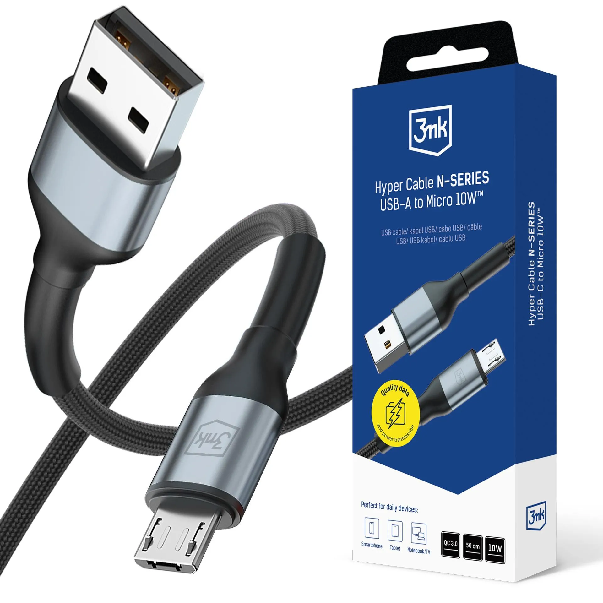 Kabel 3mk Hyper Cable N-SERIES A to Micro 50cm QC 3.0 5V/2A 10W Black