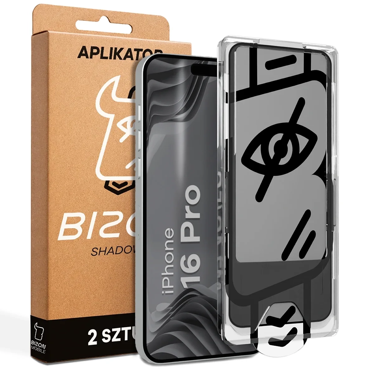Szkło hartowane Bizon prywatyzujące z ramką montażową Glass Aplikator Shadow do iPhone 16 Pro 2 zestawy