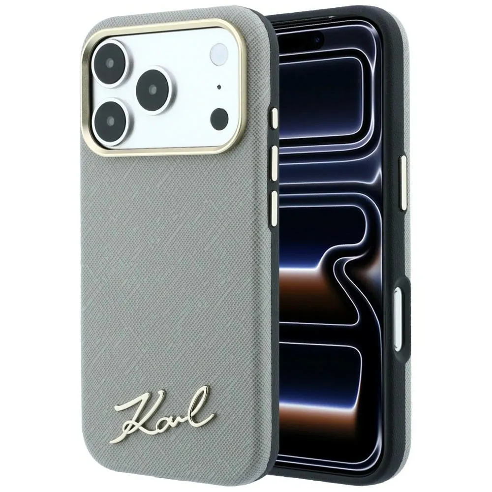 Etui Karl Lagerfeld Saffiano Small Script Metal Logo MagSafe do iPhone 18 Pro Max / 17 Pro Max Beżowy