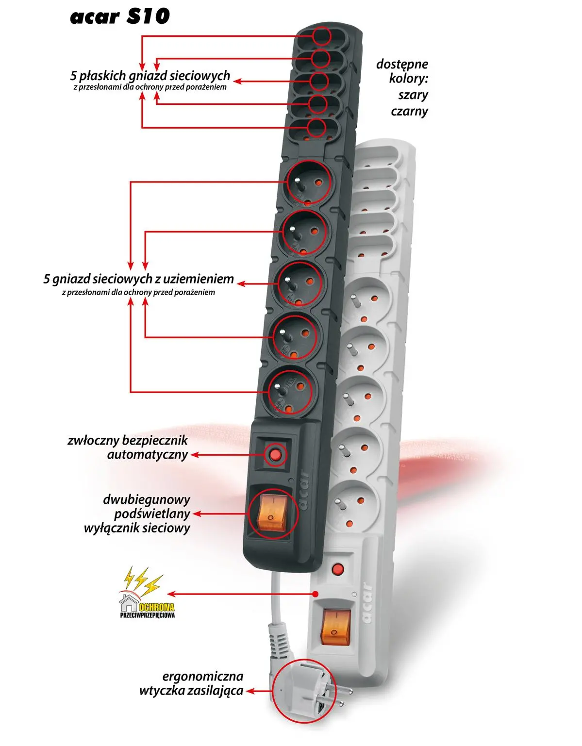 Listwa Acar S10 10 gniazd 3m Czarny