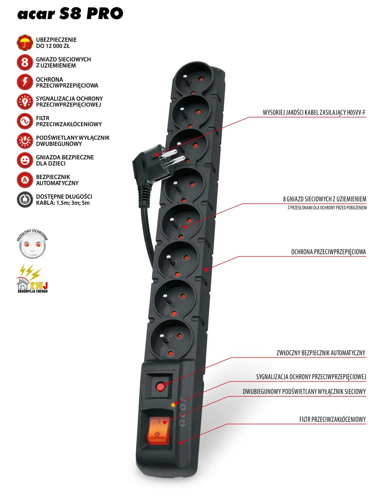 Listwa Acar S8 PRO 8 gniazd 3m Czarny