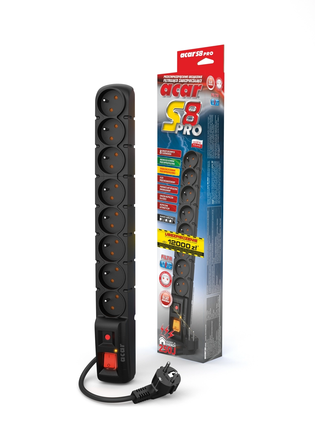 Listwa Acar S8 PRO 8 gniazd 3m Czarny