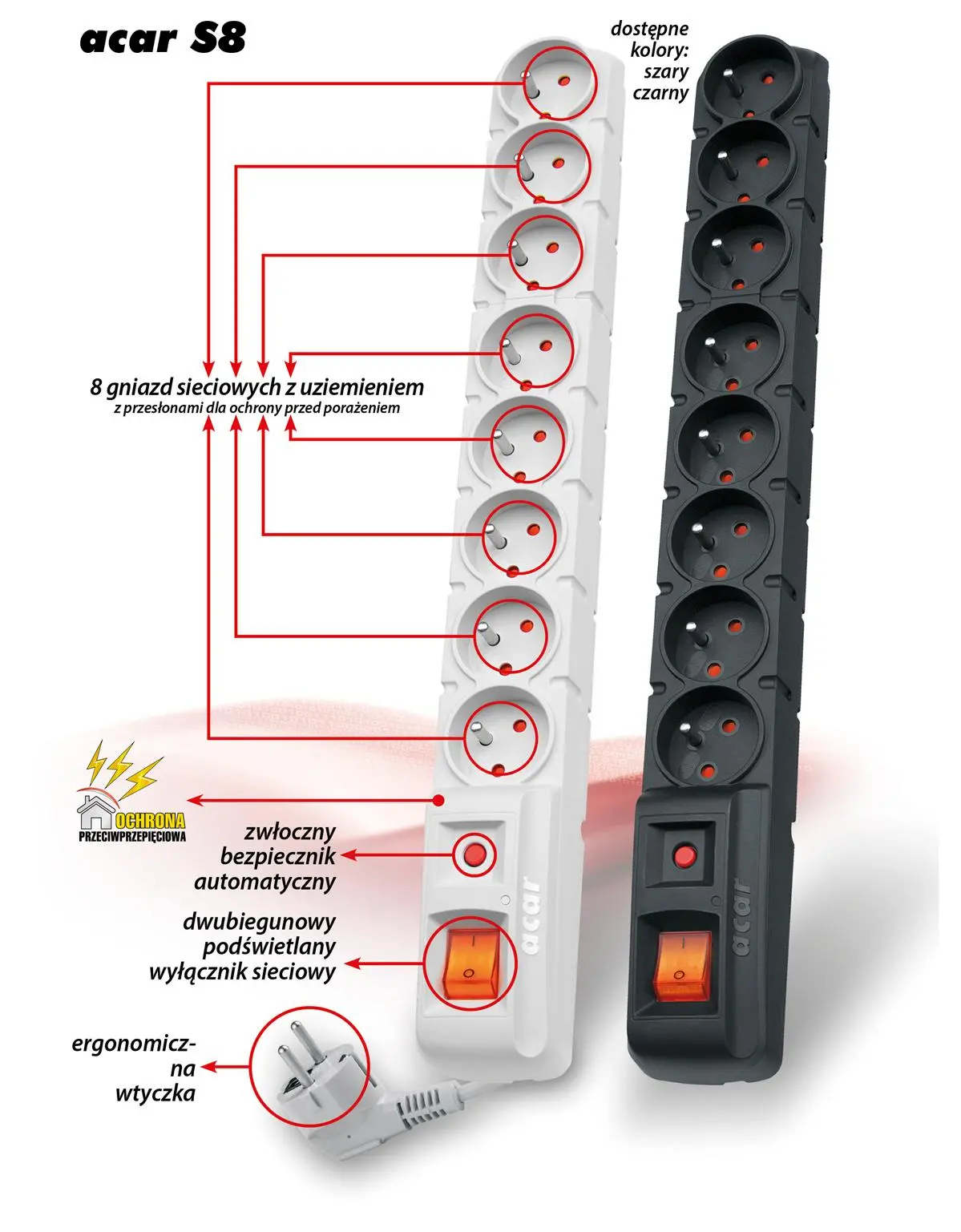 Listwa Acar S8 8 gniazd 3m Szary