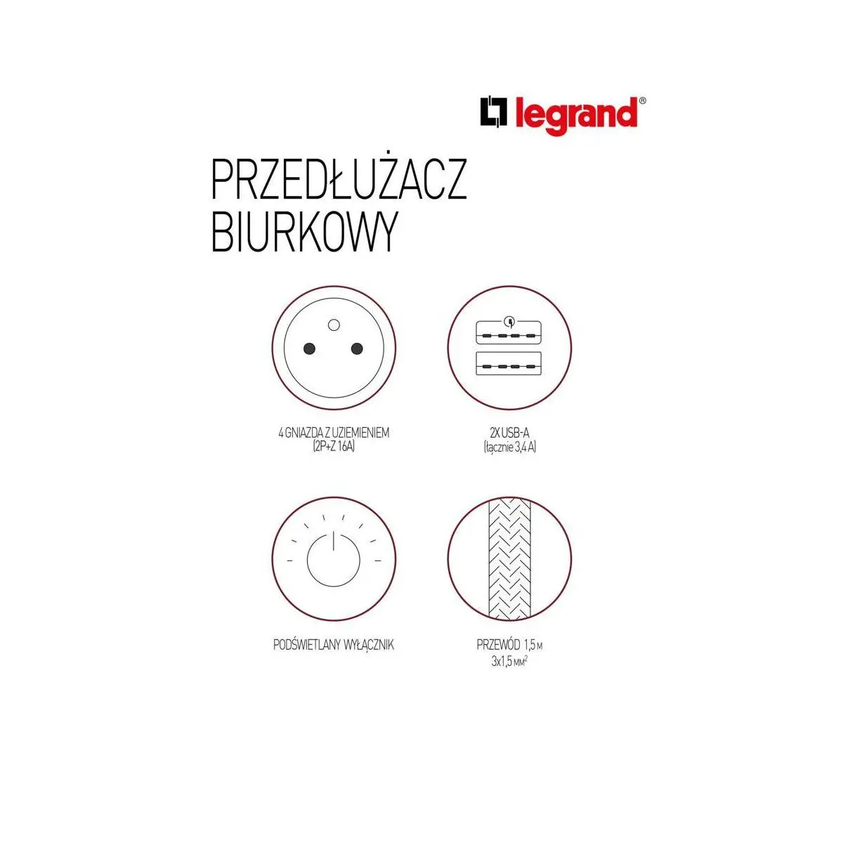 Przedłużacz Legrand 50412 4 gniazda 1,5m Czarny
