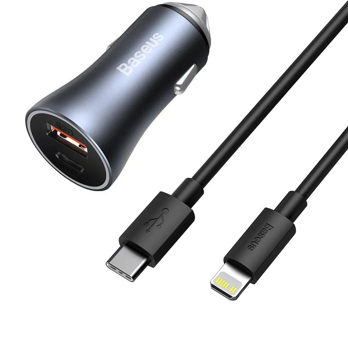Ładowarka samochodowa Baseus TZCCJD-B0G Golden Contactor Pro USB USB-C QC4,0 PD SCP 40W Szary kabel USB-C do iP 1m Czarny