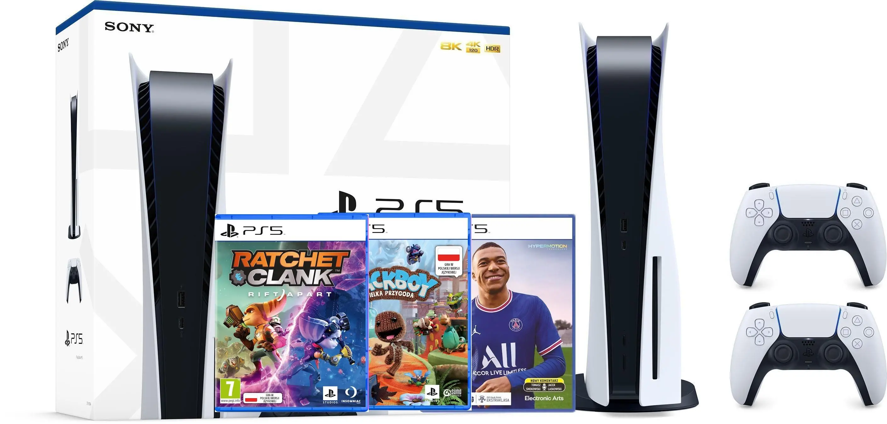 Konsola Sony PlayStation 5 (PS5) z napędem + FIFA 22 + Sackboy + Ratchet & Clank: Rift Apart + Dodatkowy Pad Biały