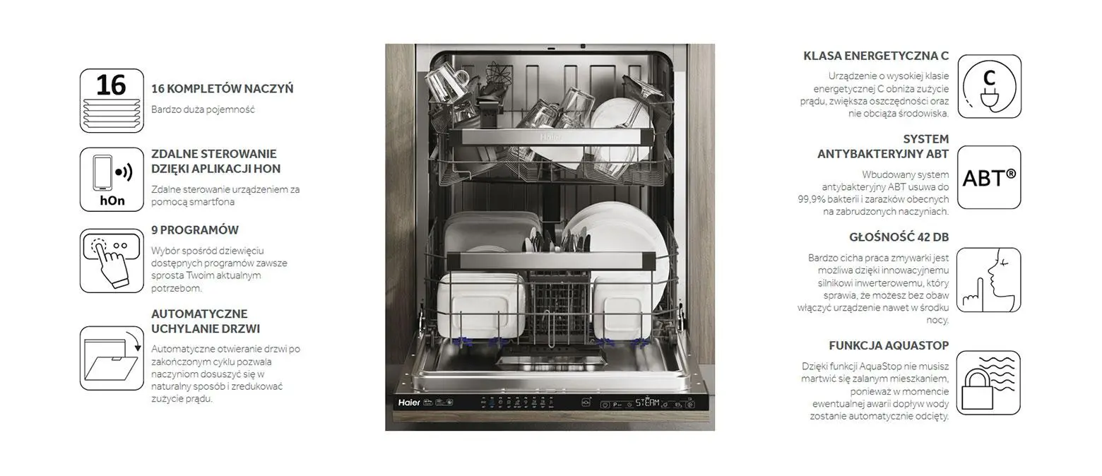 Zmywarka Haier Washlens Seria 2 XI 6C3D0FB 59,8cm Automatyczne otwieranie drzwi Zdalne sterowanie