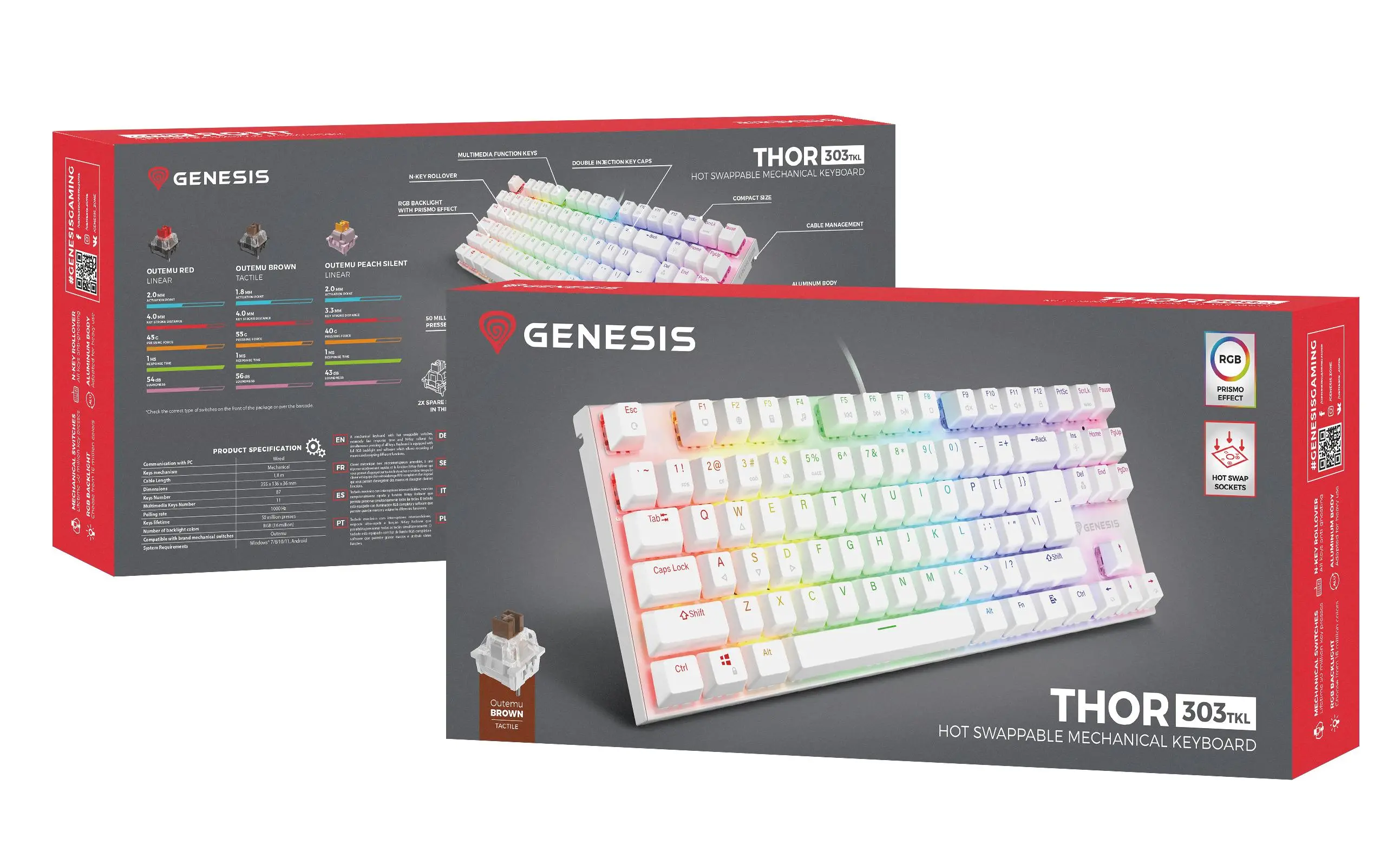Klawiatura mechaniczna Genesis Thor 303 TKL HOT SWAP Outemu Brown Biały