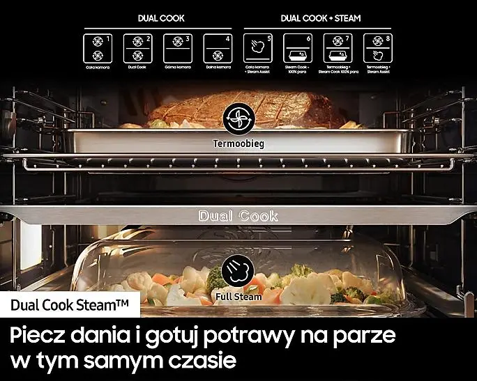Piekarnik elektryczny parowy Samsung NV7B5785KAK Dual Cook Termoobieg AirFry Zdalne sterowanie Czarne szkło