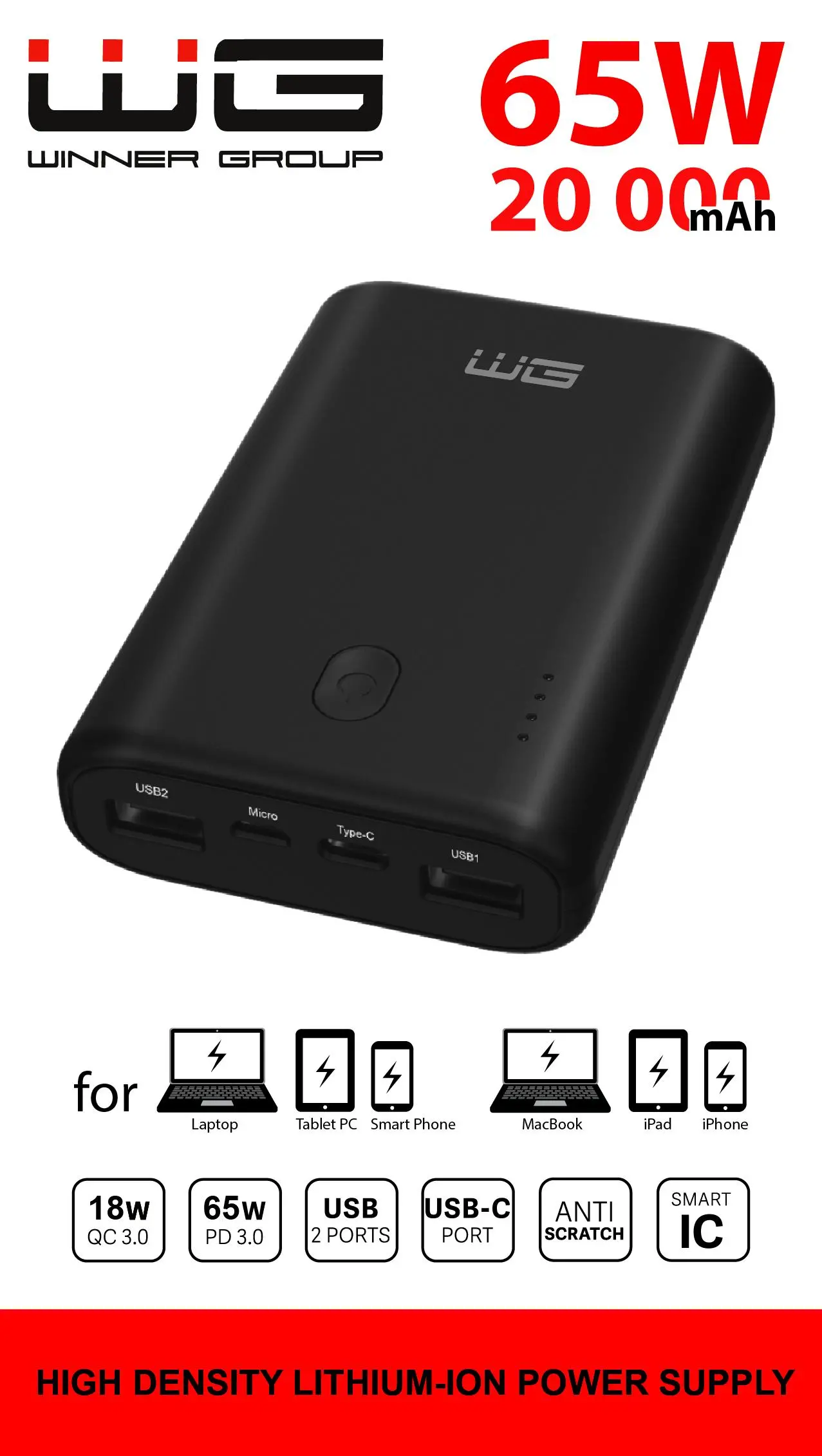 Powerbank Winner WG PS-A086 20000mAh QC 3.0 PD 65W Czarny