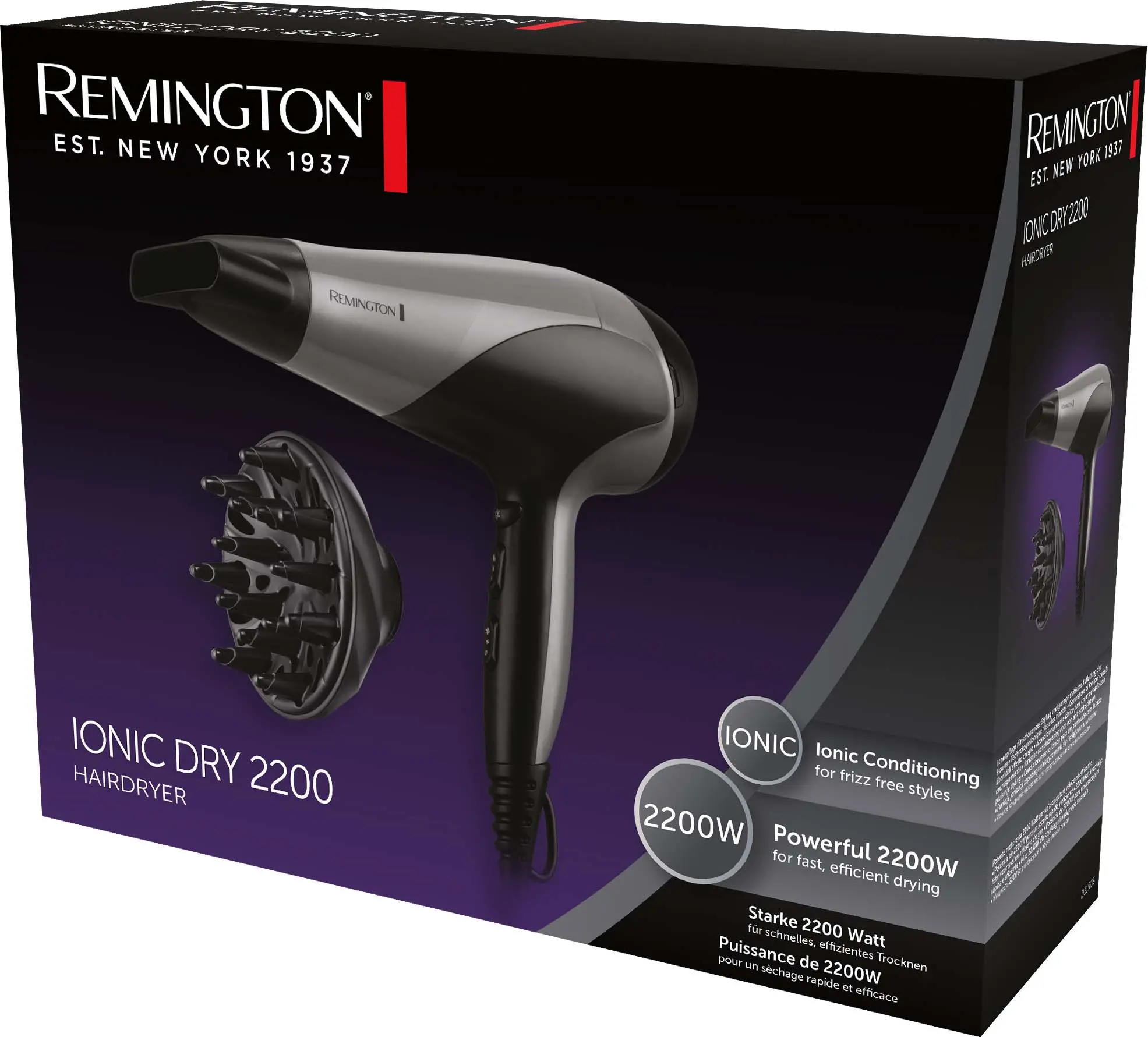 Suszarka do włosów Remington Ionic Dry 2200 D3190S Jonizacja Dyfuzor Zimny nawiew 2200W 2 prędkości 3 temperatury