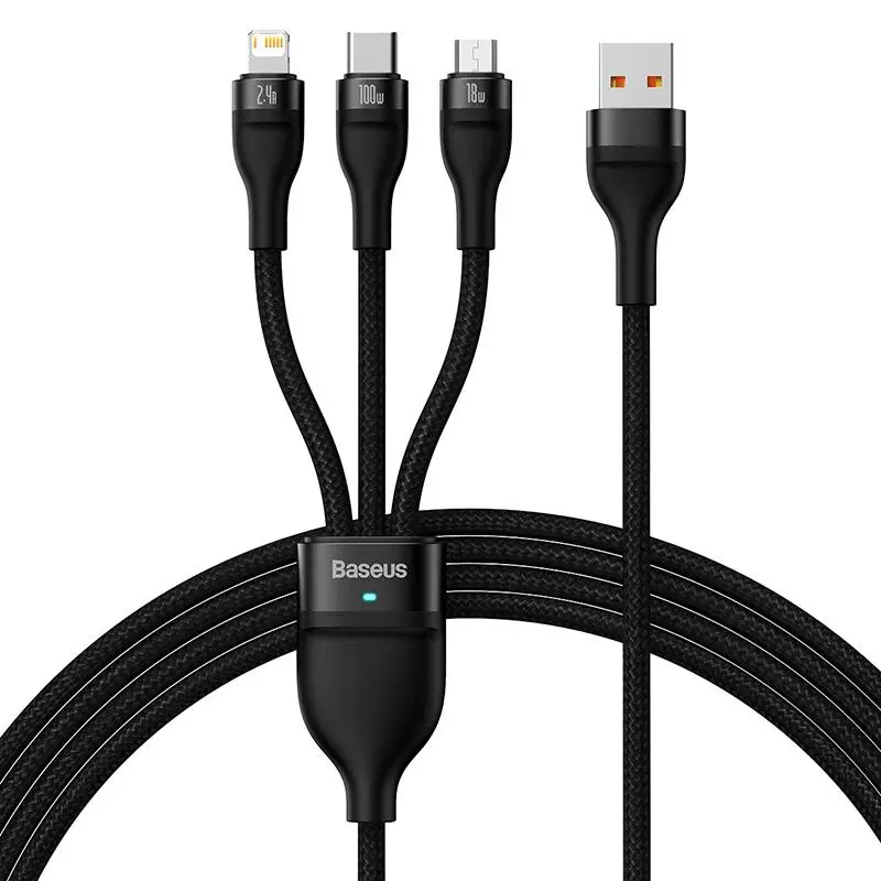 Kabel Baseus Flash Series 3w1 USB-C + micro USB + Lightning 100W 1,2m Czarny