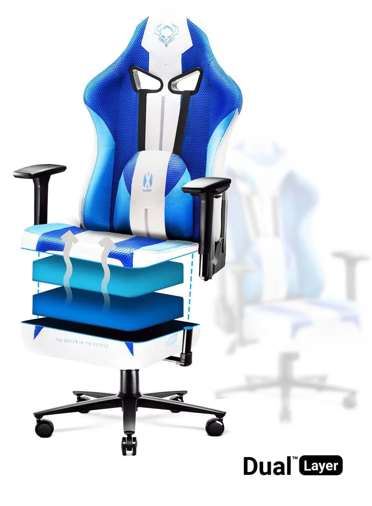 Fotel Diablo Chairs X-Player 2.0 Normal Size Gamingowy do 150kg Skóra ECO Tkanina Biało-niebieski