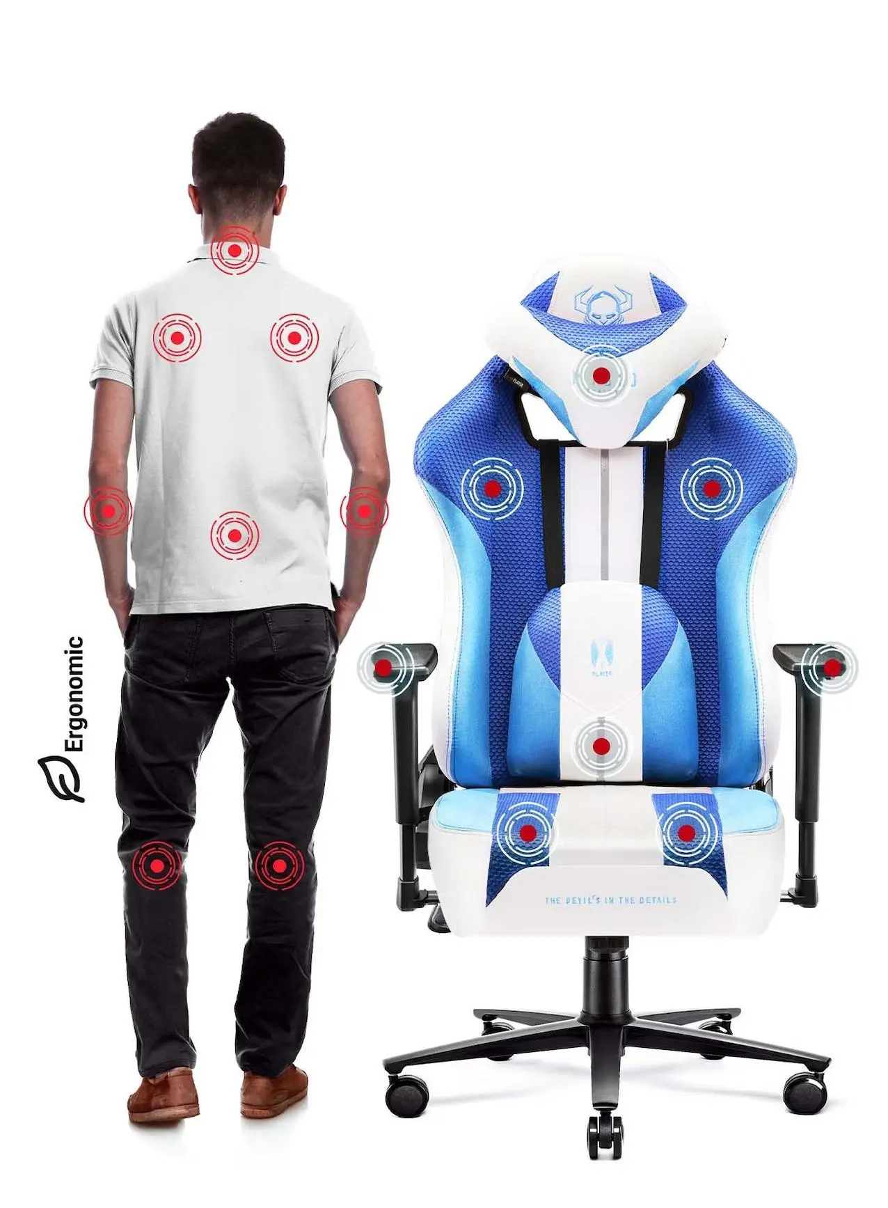 Fotel Diablo Chairs X-Player 2.0 Normal Size Gamingowy do 150kg Skóra ECO Tkanina Biało-niebieski