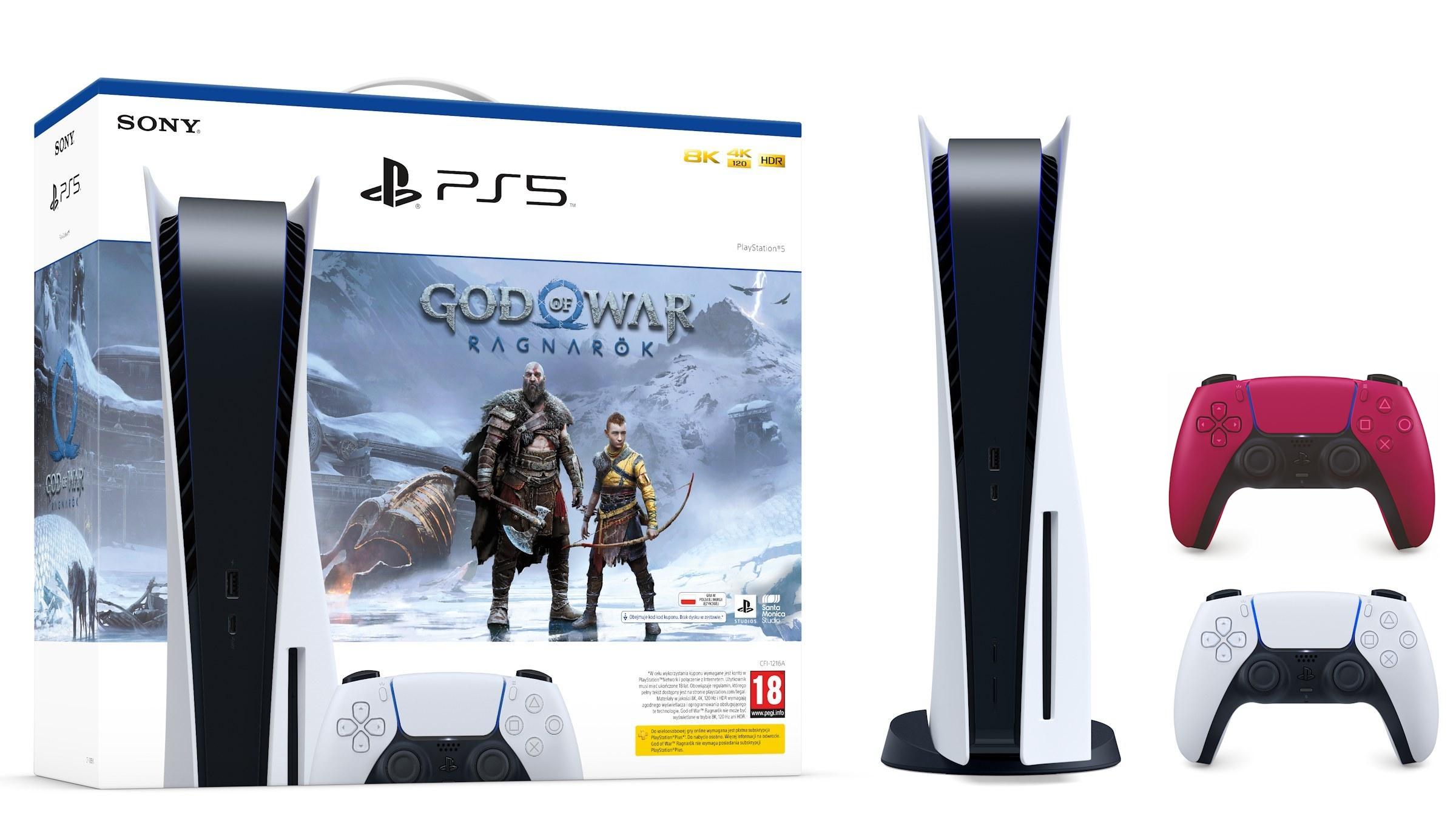 Konsola Sony PlayStation 5 (PS5) z napędem + dodatkowy pad (czerwony) + God of War Ragnarok