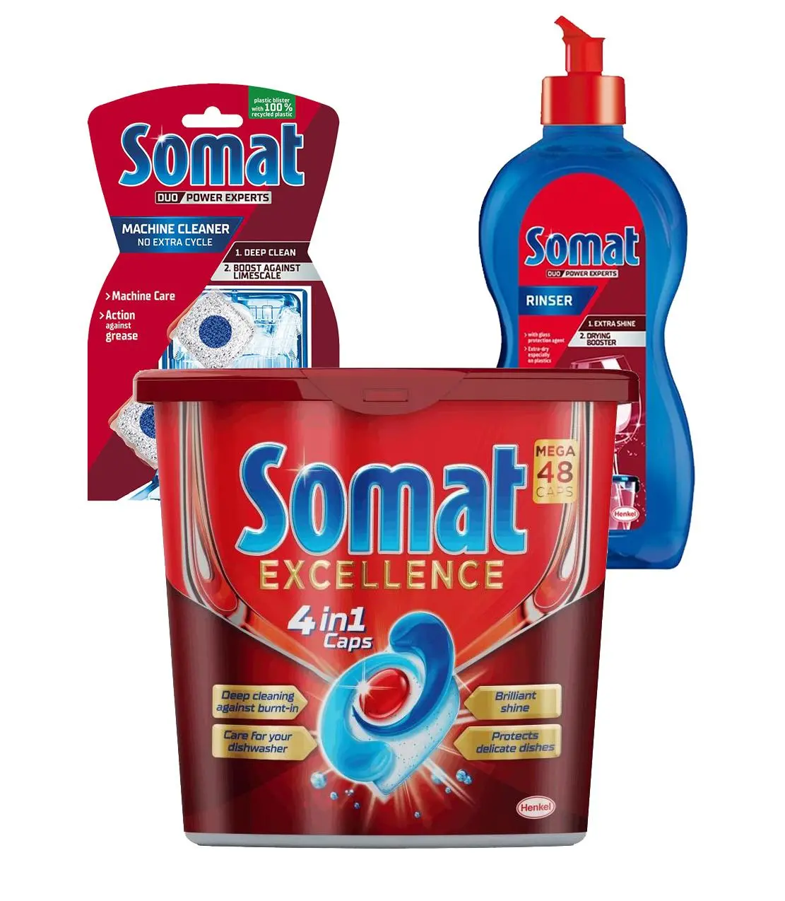 Zestaw startowy do zmywarki Somat Excellence 4 in 1 48szt. + tabletki do czyszczenia zmywarki 3szt. + nabłyszczacz 500ml