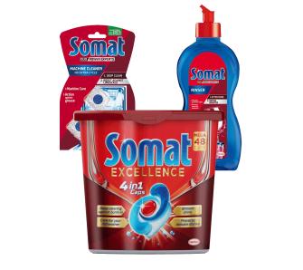 Zestaw startowy do zmywarki Somat Excellence 4 in 1 48 szt. + tabletki do czyszczenia zmywarki 3 szt. + nabłyszczacz 500 ml