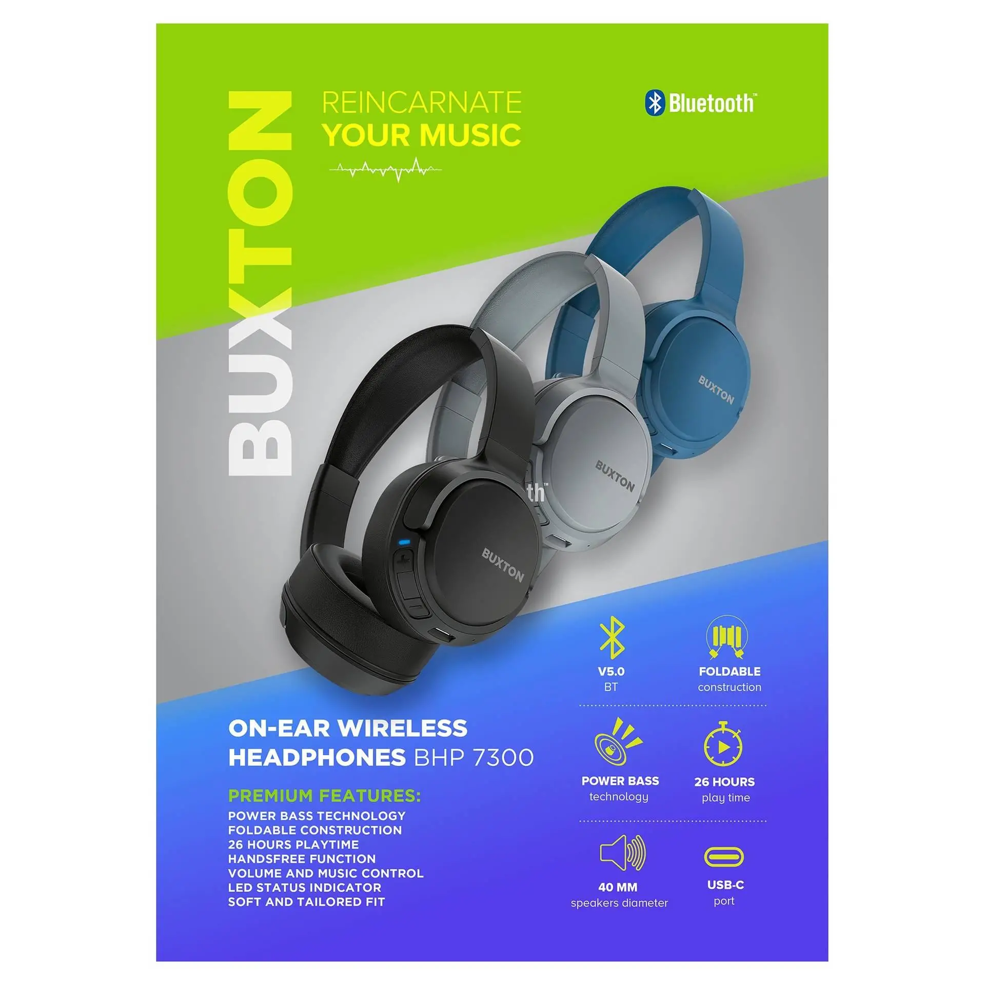 Słuchawki bezprzewodowe Buxton BHP 7300 Nauszne Bluetooth 5.0 Niebieski