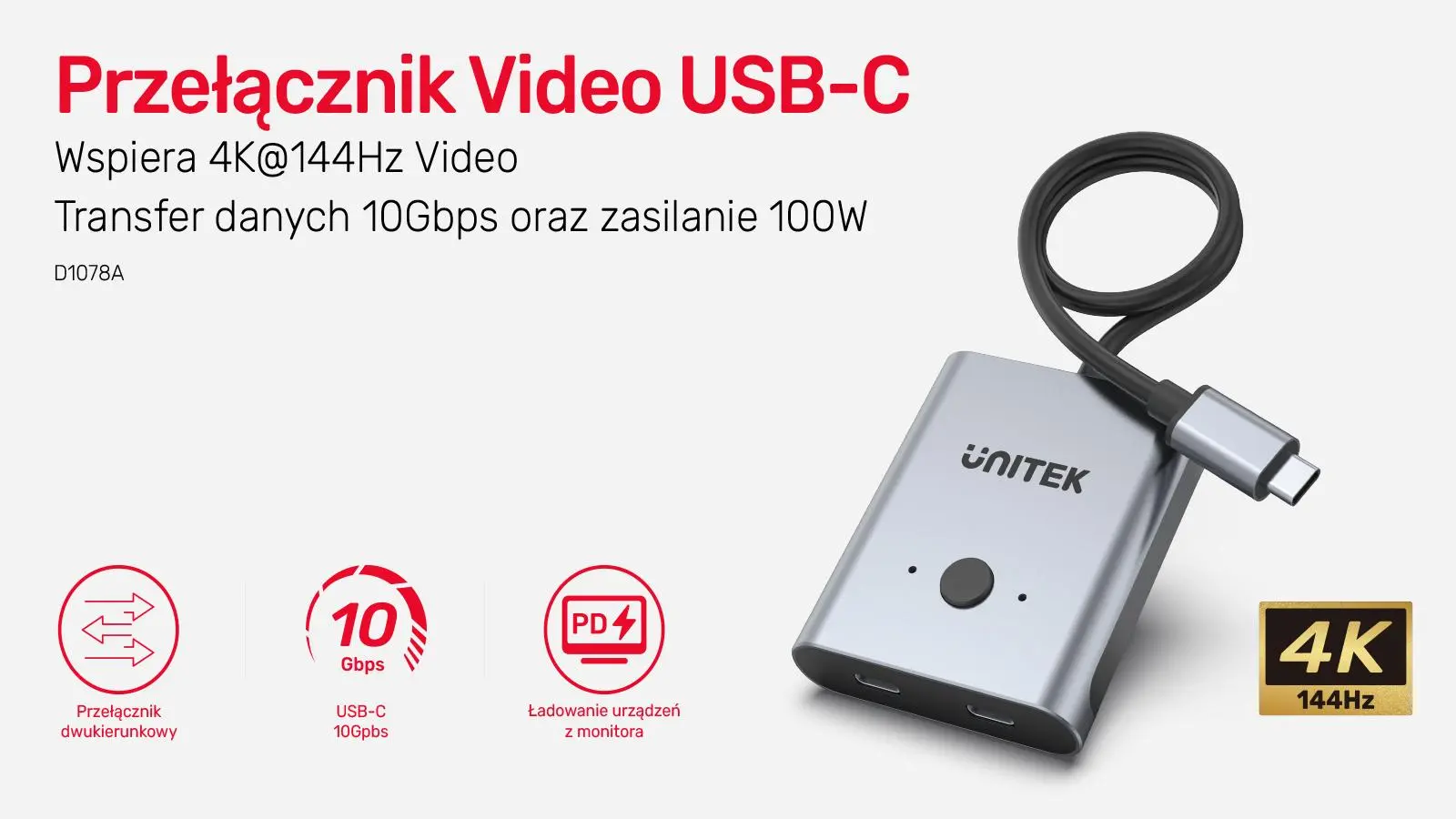 Przełącznik Unitek Dwukierunkowy USB-C 4K D1078A Szary