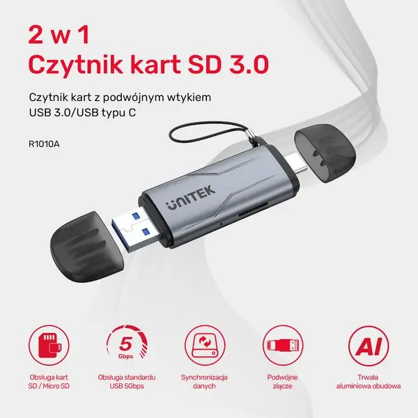 Czytnik kart Unitek SD/microSD USB-A 5Gbps/USB-C Szary