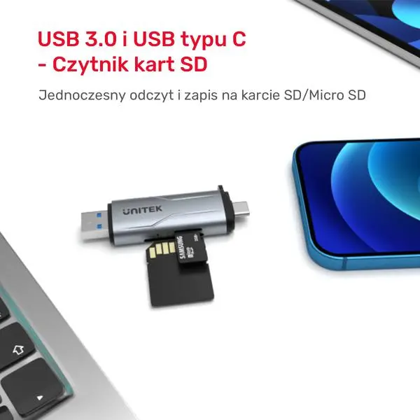 Czytnik kart Unitek SD/microSD USB-A 5Gbps/USB-C Szary