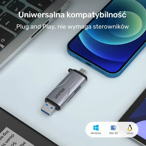 Czytnik kart Unitek SD/microSD USB-A 5Gbps/USB-C Szary