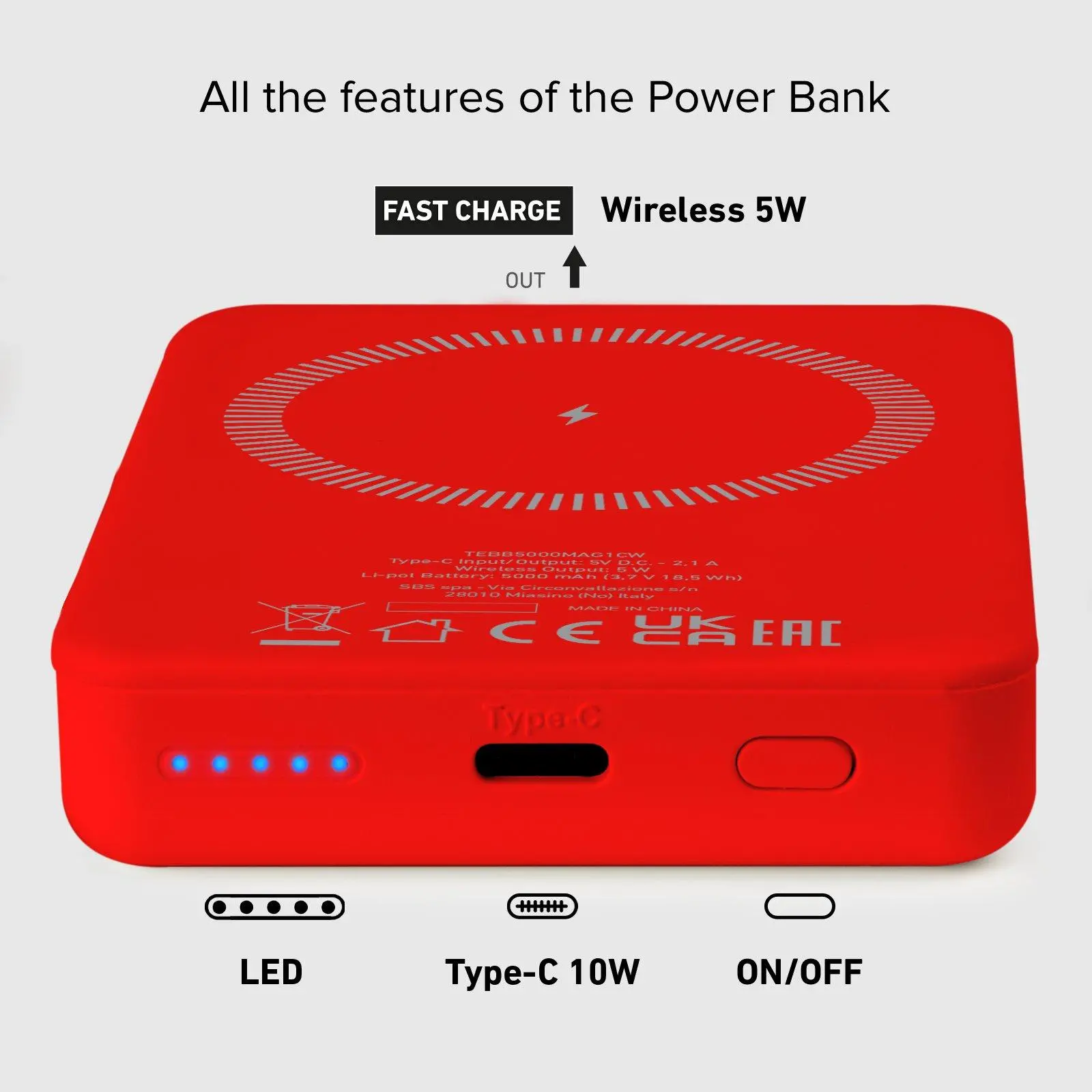 Powerbank SBS TEBB5000MAG1CR 5000mAh Magsafe 10W Czerwony