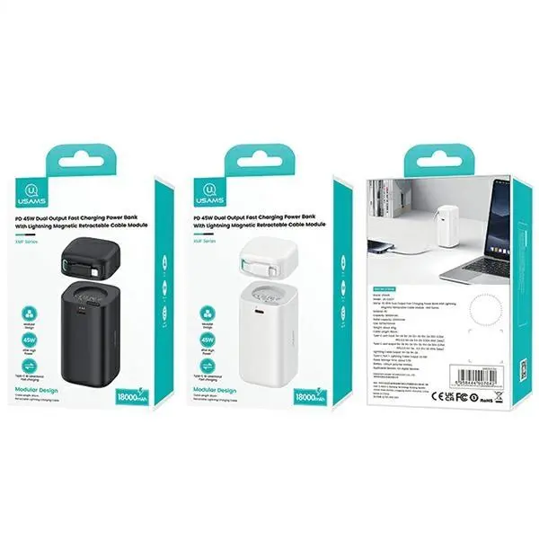 Powerbank USAMS Fast Charge XMF Series ze zwijanym kablem Lightning 18000mAh PD45W Biały