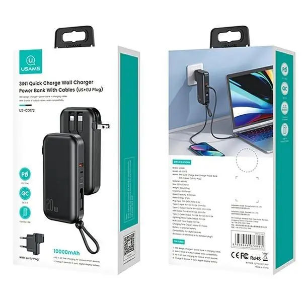 Powerbank USAMS PB63 3w1 10000mAh 20W Wtyczka US/EU Czarny