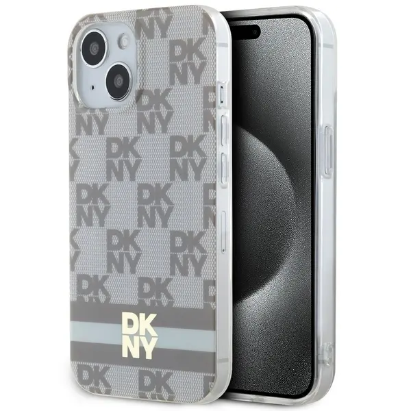 Etui DKNY IML Checkered Mono Pattern & Printed Stripes MagSafe do iPhone 14 Beżowy