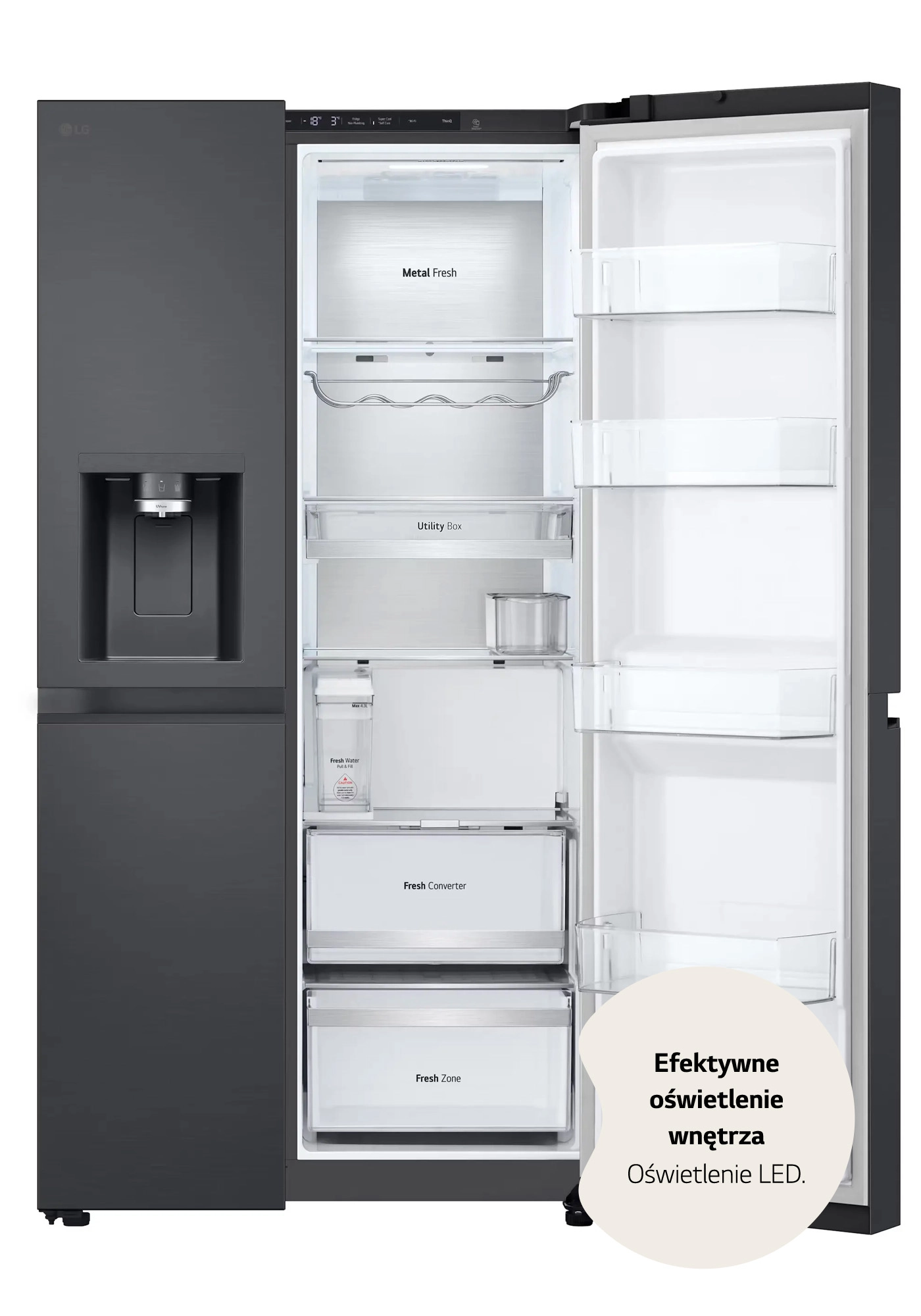 Lodówka LG SBS GSLE91EVAC Pełny No Frost 179cm Dystrybutor wody Zdalne sterowanie Ciemny grafit stal