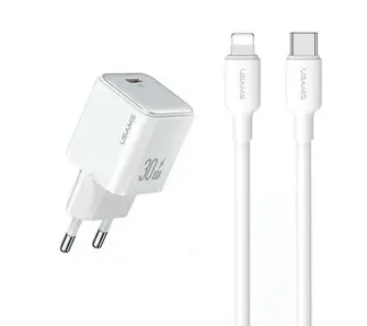 Ładowarka sieciowa USAMS YXXLOGTC04 USB-C 30W+kabel USB-C/lightning Biały