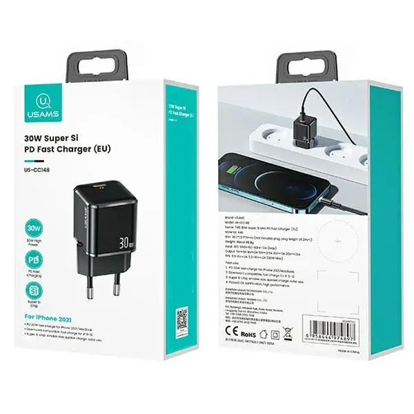 Ładowarka sieciowa USAMS T45 USB-C MINI 30W PD FC Czarny