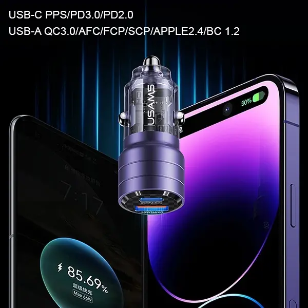 Ładowarka samochodowa USAMS C36 USB+USB-C 95W Fioletowy